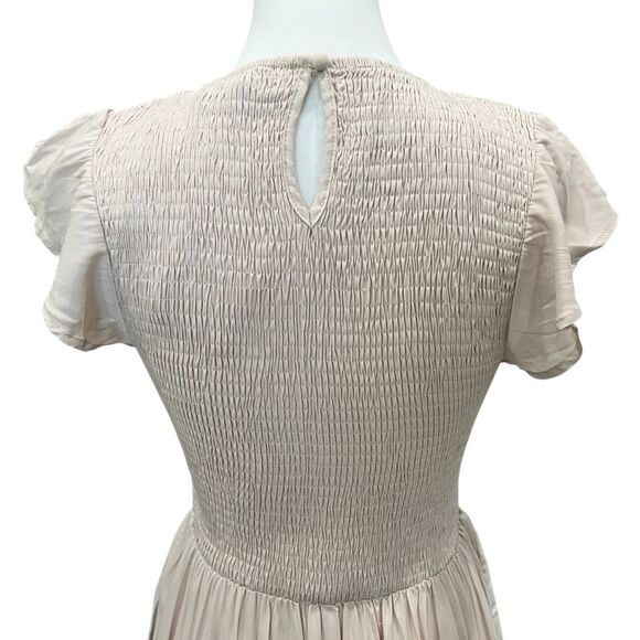 Apricot Cottagecore Smocked Tiered Midi Dress Short Sleeve Peachy Tan Medium NWT - Picture 4 of 16